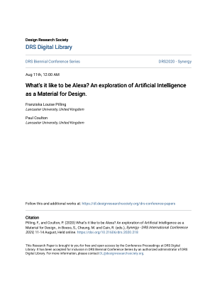 引用引用 Pilling, F., and Coulton, P. (2020) 成为 Alexa 是什么感觉？探索人工智能作为设计材料。，载于 Boess, S.、Cheung, M. 和 Cain, R. (eds.)，Synergy - DRS 国际会议 2020，8 月 11-14 日，在线举行。https://doi.org/10.21606/drs.2020.218